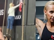 En las últimas horas se viralizó un video de la modelo retirando un cartel de un local.
