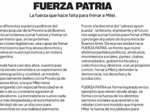 Fuerza Patria lanzó su primer documento: “Hay que frenar a Milei”