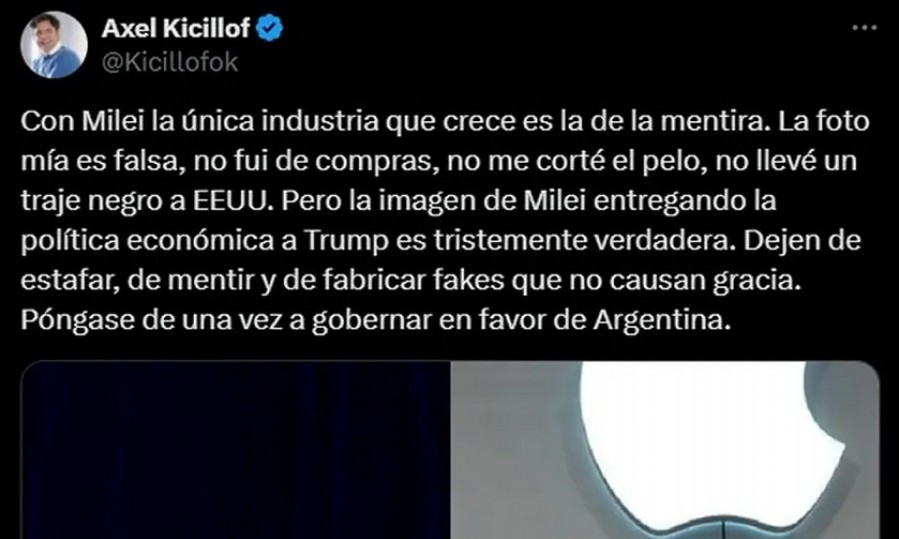 El gobernador bonaerense, de viaje en Estados Unidos, dijo que es falsa una imagen en la que se lo ve comprando en una tienda Apple.